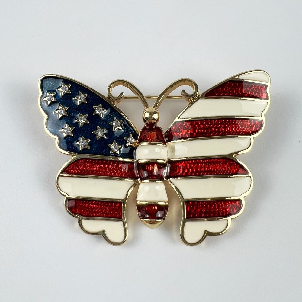 Vintage Joan Rivers Patriotic American Flag Enamel Rhinestone Butterfly Pin Broo